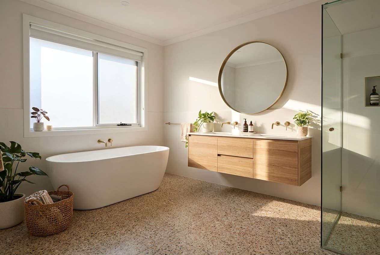 Modern renovated bathroom with brass tapware