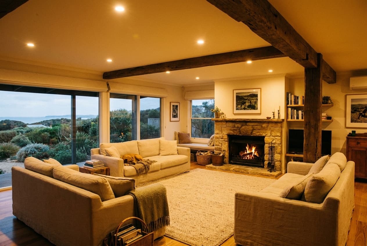 Living room lit by new downlights at dusk
